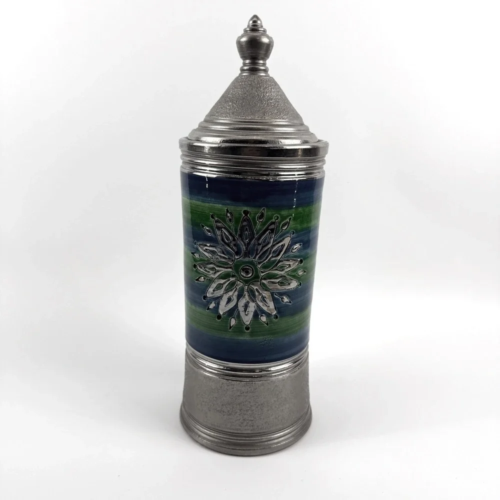 Bitossi Italy‎ Blue Green Sgraffito Sun Canister Jar with Lid HTF